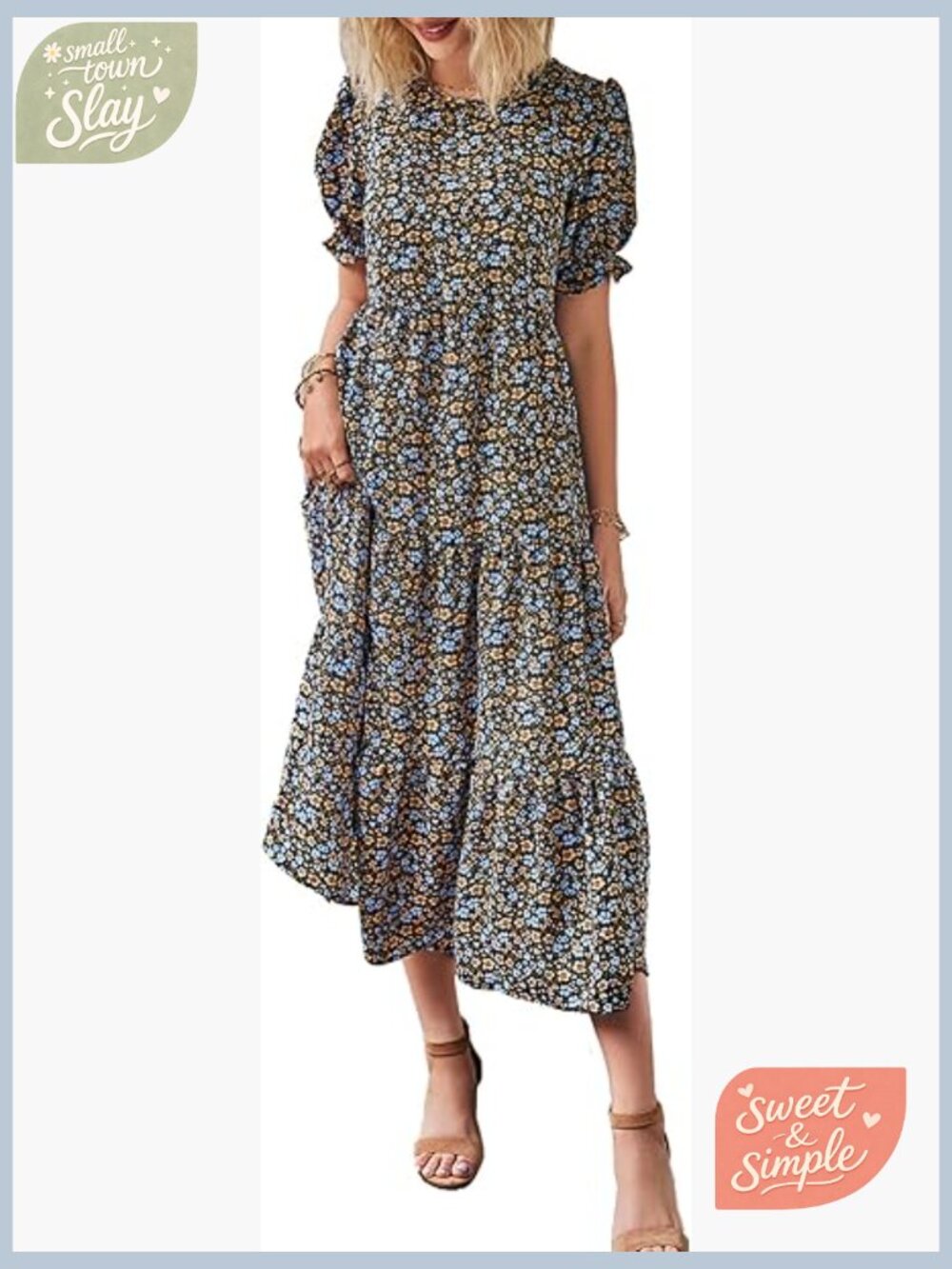 Summer Floral Midi Sun Dress Puff Short Sleeve Flowy Beach Vacation